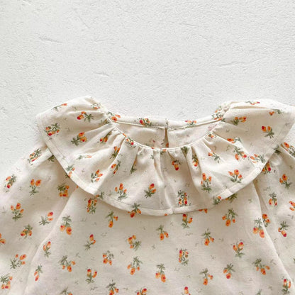 Baby Girl Floral Pattern Ruffle Neck Shirt Combo Corduroy Fabric Strap Dress Sets My Kids-USA
