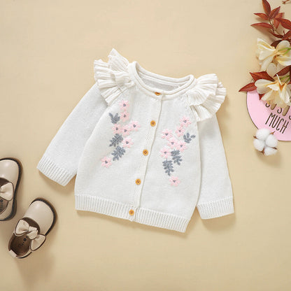 Baby Girl Floral Embroidered Pattern Ruffle Design Knit Cardigan My Kids-USA