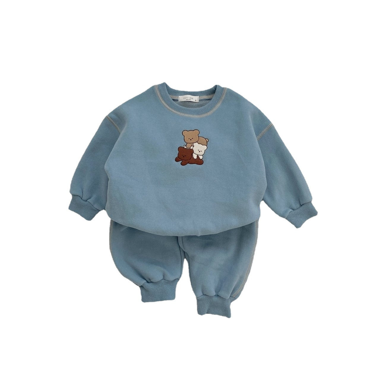 Baby Solid Color Bear Patched Design Hoodie Autumn Clothes Sets