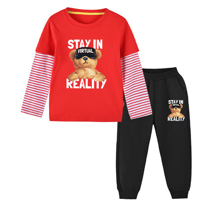 Baby Boy Bear Pattern False 2 Pieces Design Shirt With Pants Sets My Kids-USA
