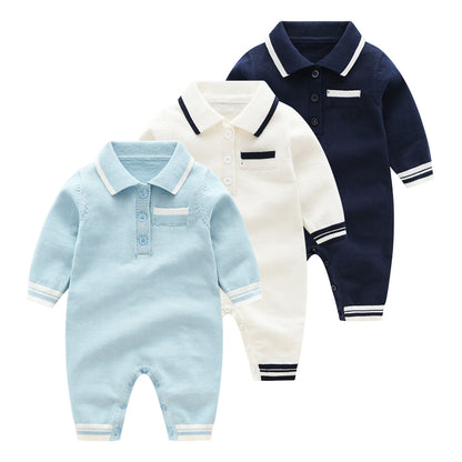 Baby Solid Color Quarter Button Design Lapel Knitted College Style Rompers My Kids-USA