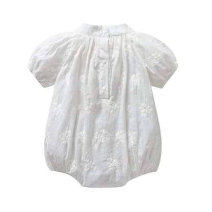 Baby Girls Floral Embroidery Solid Color Round Collar Puff Sleeved Onesies In Summer My Kids-USA