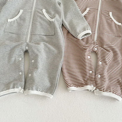 Baby Striped Pattern Zipper Front Design Hooded Romper