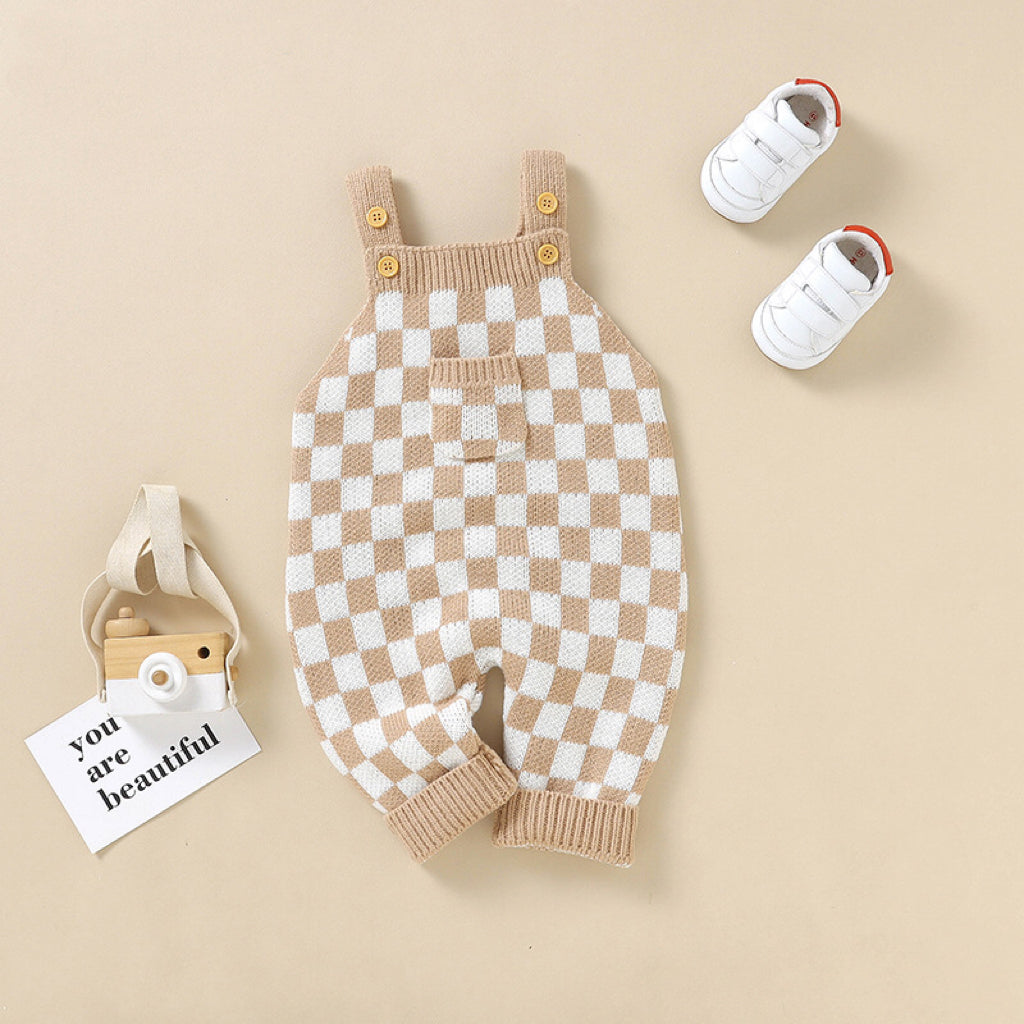 Baby Checkerboard Pattern Strap Design Knit Spring Autumn Rompers, MyKids-USA®, Baby One-Pieces, MyKids-USA - Size/Age - 59 (0-3M) - Color - Pink -  -  - JM2211201614-B.