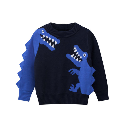 Boys Multi Color Contrast Dinosaur Pattern Round Collar Knit Sweater Outfit