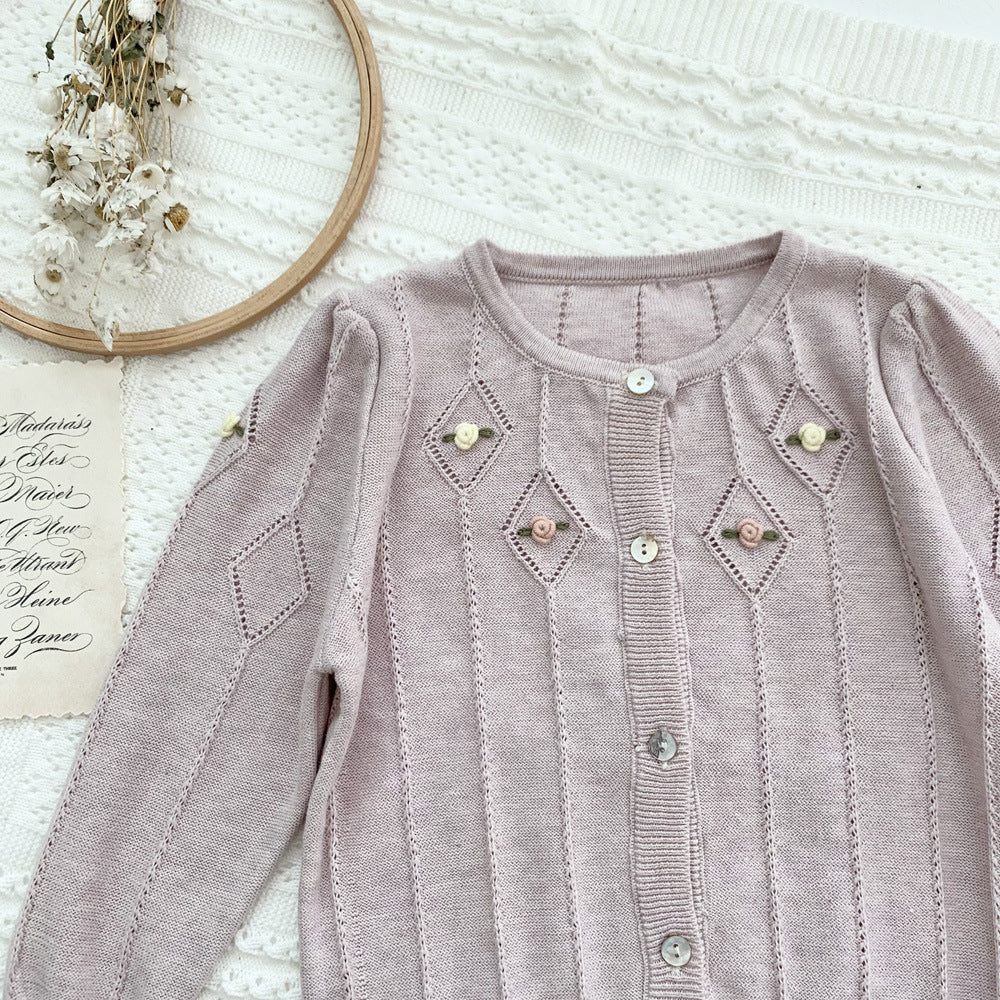 Baby Girl Floral Patch Design Solid Color Handmade Knitting Cardigan My Kids-USA