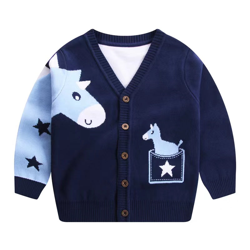 Baby Boy Cartoon Animal Embroidered Pattern Button Front V-Neck Cardigan My Kids-USA
