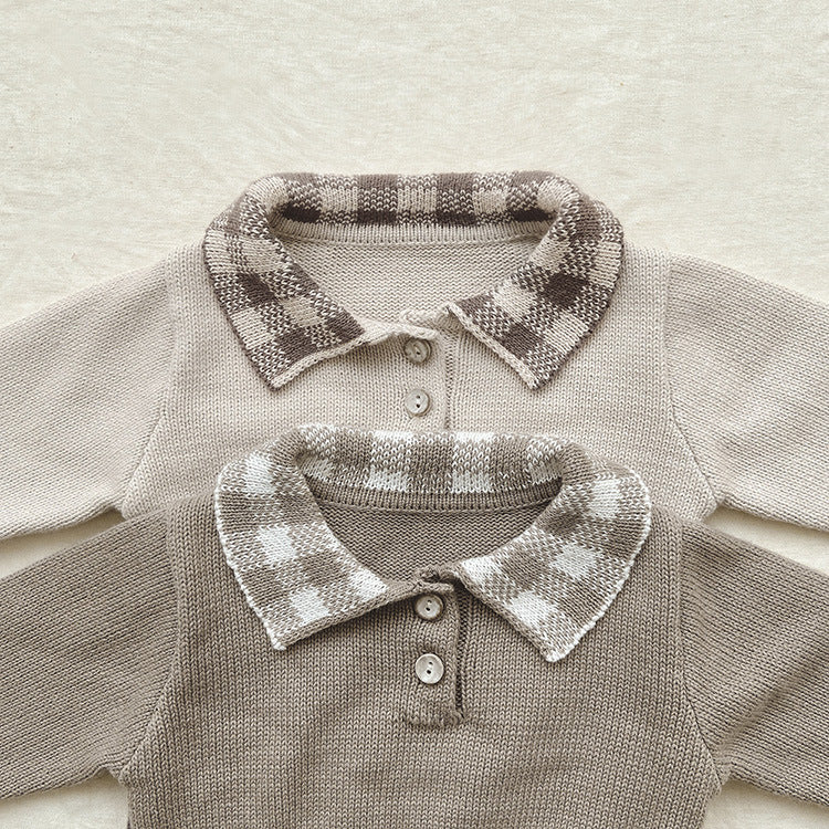 Combinaisons chaudes en tricot à col polo et motif damier pour bébé 