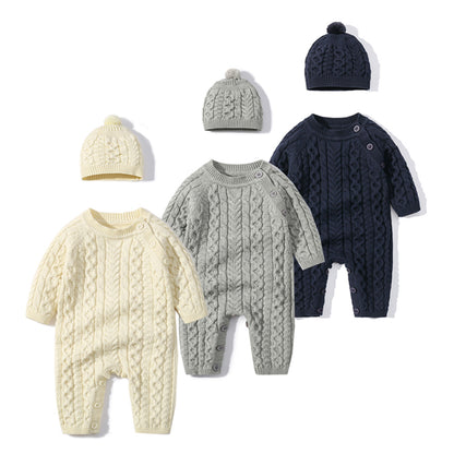Baby Solid Color Crochet Knitted Pattern Shoulder Button Design Rompers My Kids-USA