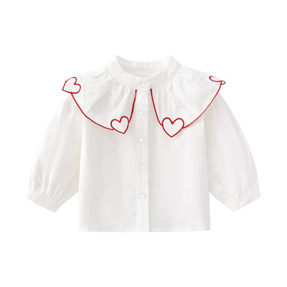 Baby Girl 1pcs Heart Neck Crystal Button Front Design Solid Cotton Shirt