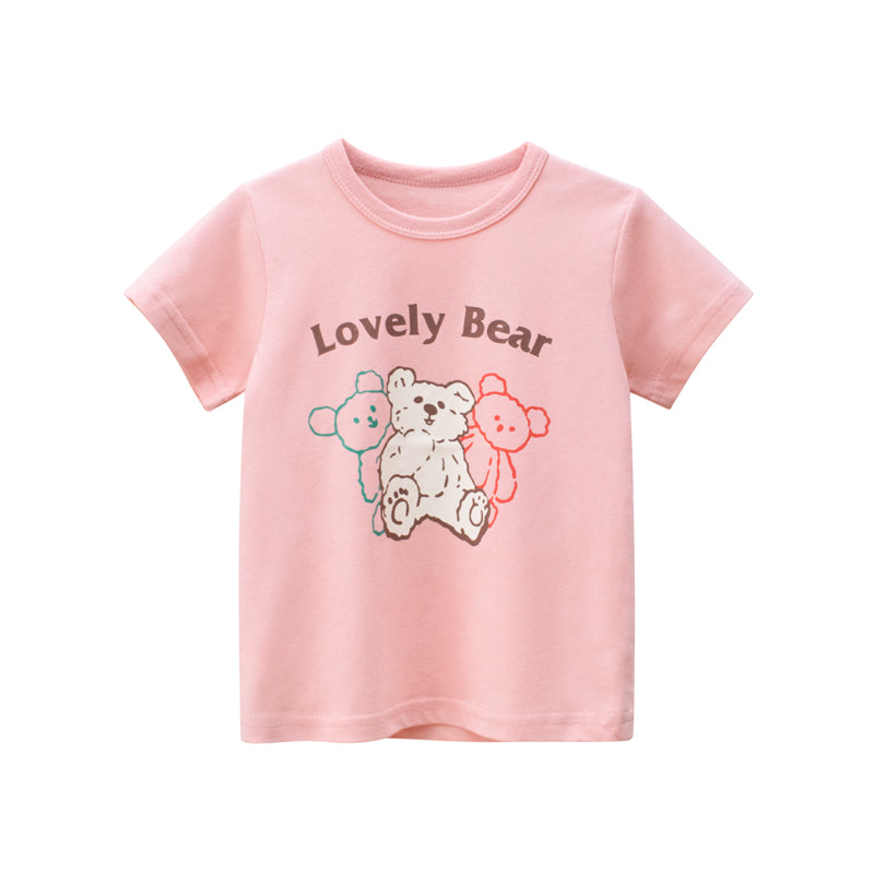 Baby Girls Bear Print With Lovely Bear Letter Print Tee Shirt