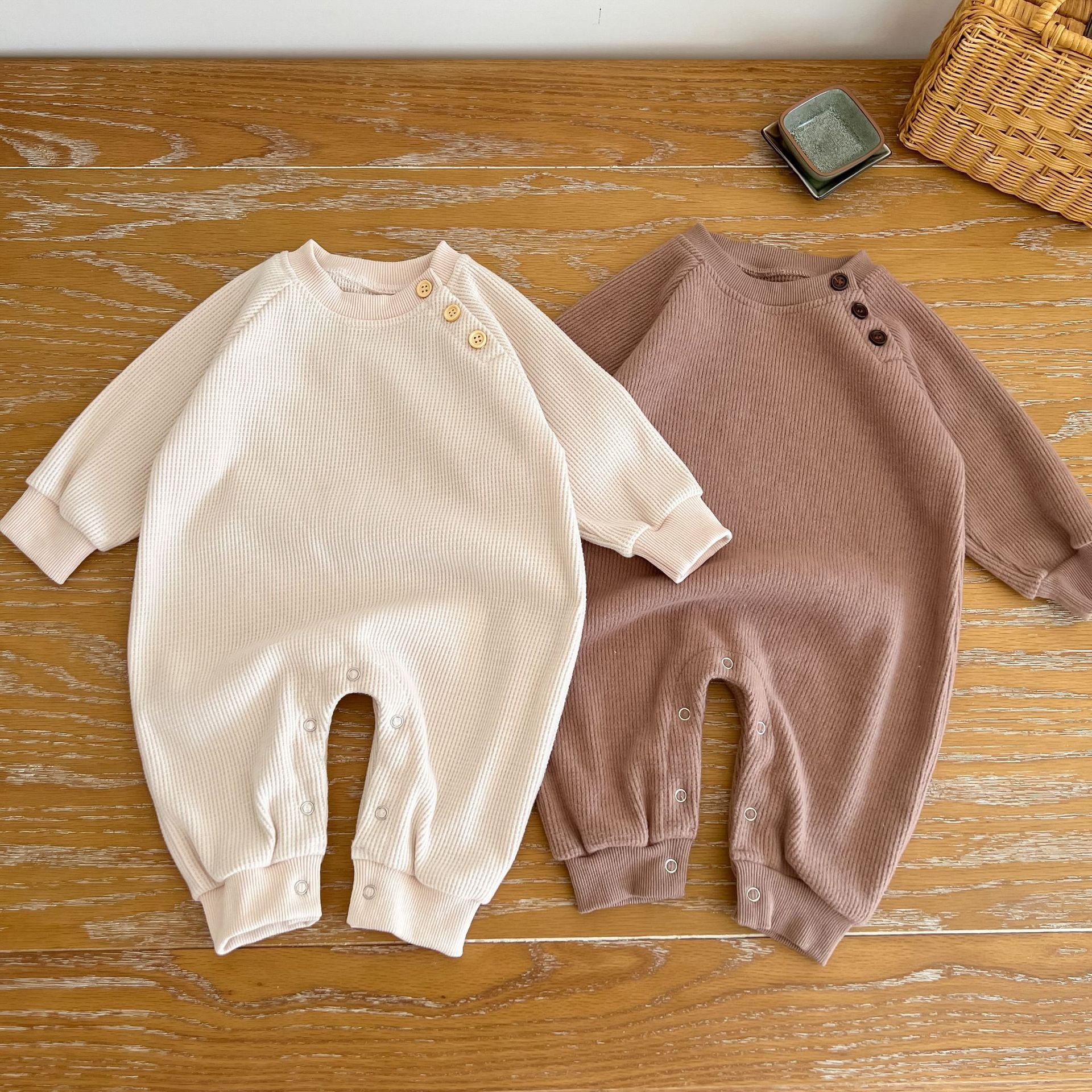 Baby Solid Color Shoulder Buckle Design Long Sleeve Jumpsuit My Kids-USA