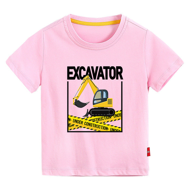Baby Boy And Girl Excavator Printing Design Short-Sleeved Multiple Color Contemporary T-Shirt