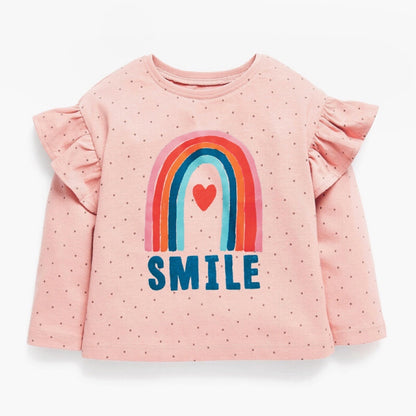 Baby Girl Dot & Rainbow Graphic Little Butterfly Sleeves Design Long Sleeves Shirt