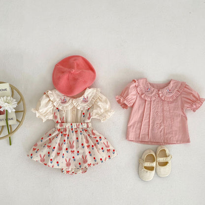 Baby Girl Solid Color Doll Neck Blouses With Strap Dress Sets