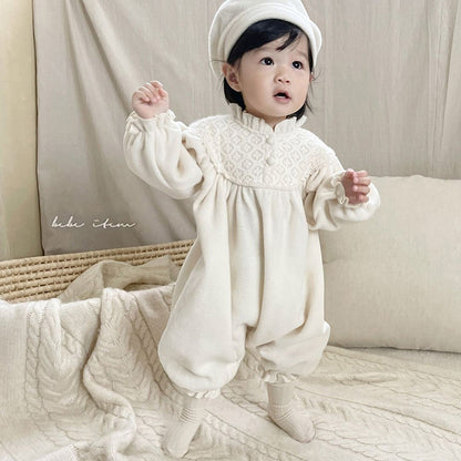 Baby Girl Solid Color Mesh Patchwork Design Long Sleeve Court Style Jumpsuit