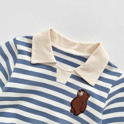 Baby Boy Striped Pattern Cartoon Bear Embroidered Design Onesies
