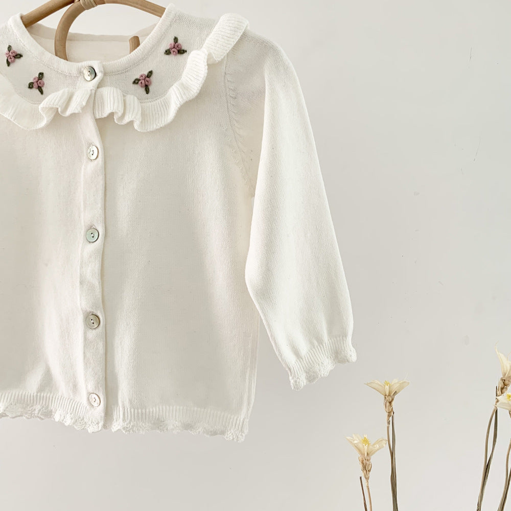 Baby Girl Floral Embroidered Pattern Single Breasted Design Knit Cardigan My Kids-USA