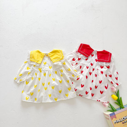 Baby Girl Little Sweet Heart Print Navy Collar Dress