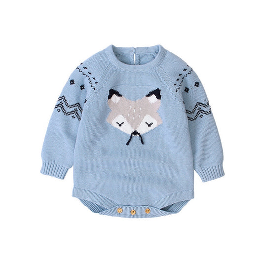Baby Cartoon Fox Graphic Long Sleeves Triangle Knitted Romper Jumpsuit In Autumn, MyKids-USA®, Baby One-Pieces, MyKids-USA -  -  -  -  -  -  - .