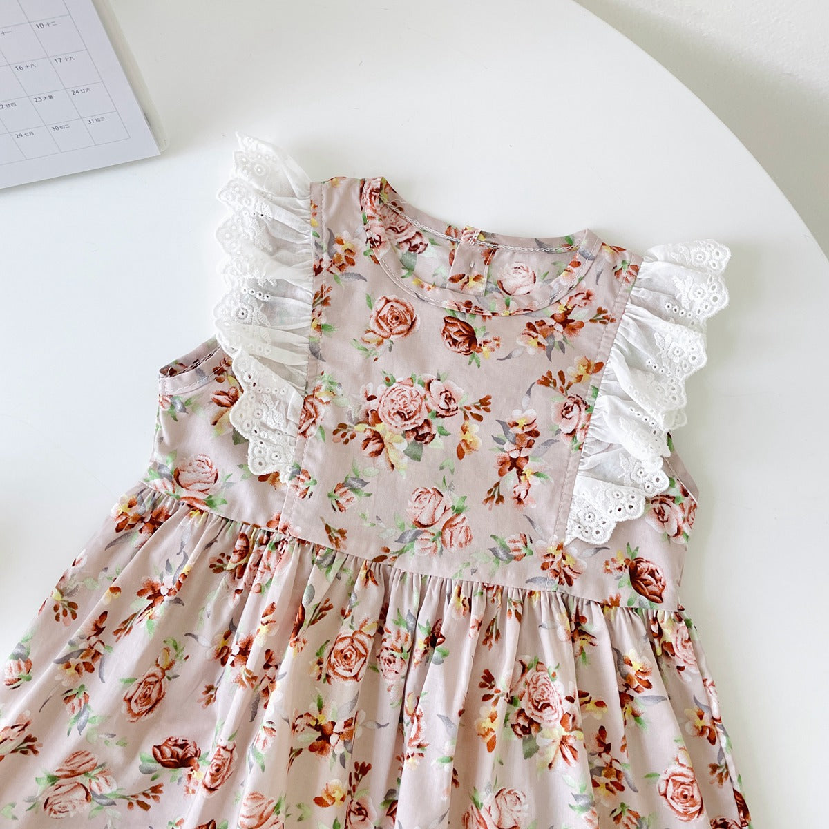 Baby Girls Floral Print Lace Patchwork Design Sleeveless Dress My Kids-USA