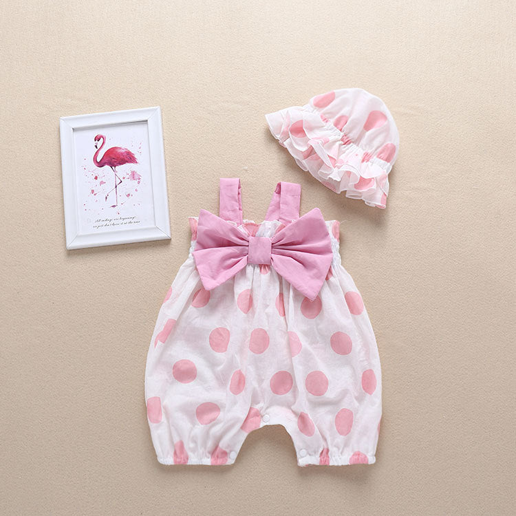 Baby Girl Bow Design Pink Polka Dot Pattern Sleeveless Romper With Hat
