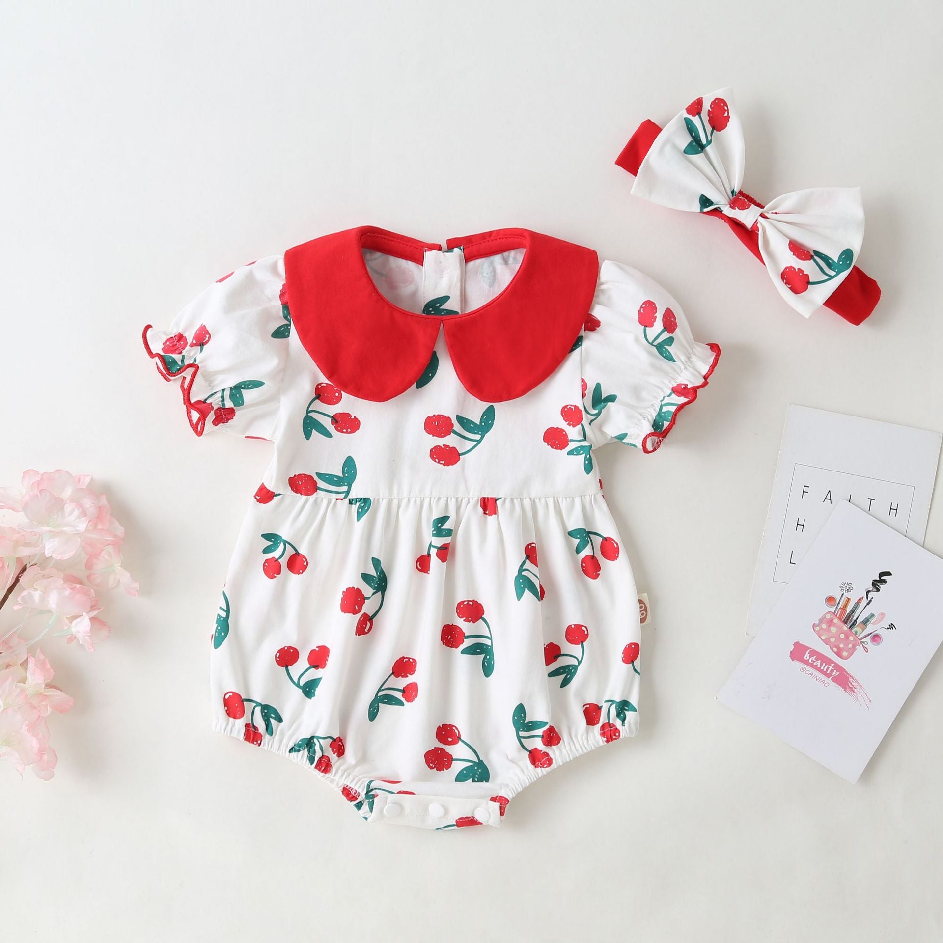 Baby Girl Cherry Print Pattern Round Collar Short-Sleeved Onesies In Summer Outfit Wearing My Kids-USA