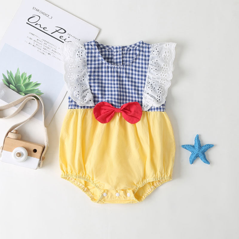Baby Girl Plaid Pattern Lace Patchwork Bow Sleeveless Princess Onesies In Summer My Kids-USA