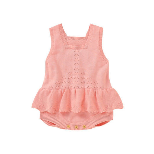 Baby Girl Hollow Carved Design Square Neck Ruffle Deisign Knitted bodysuit, MyKids-USA®, Baby One-Pieces, MyKids-USA -  -  -  -  -  -  - .