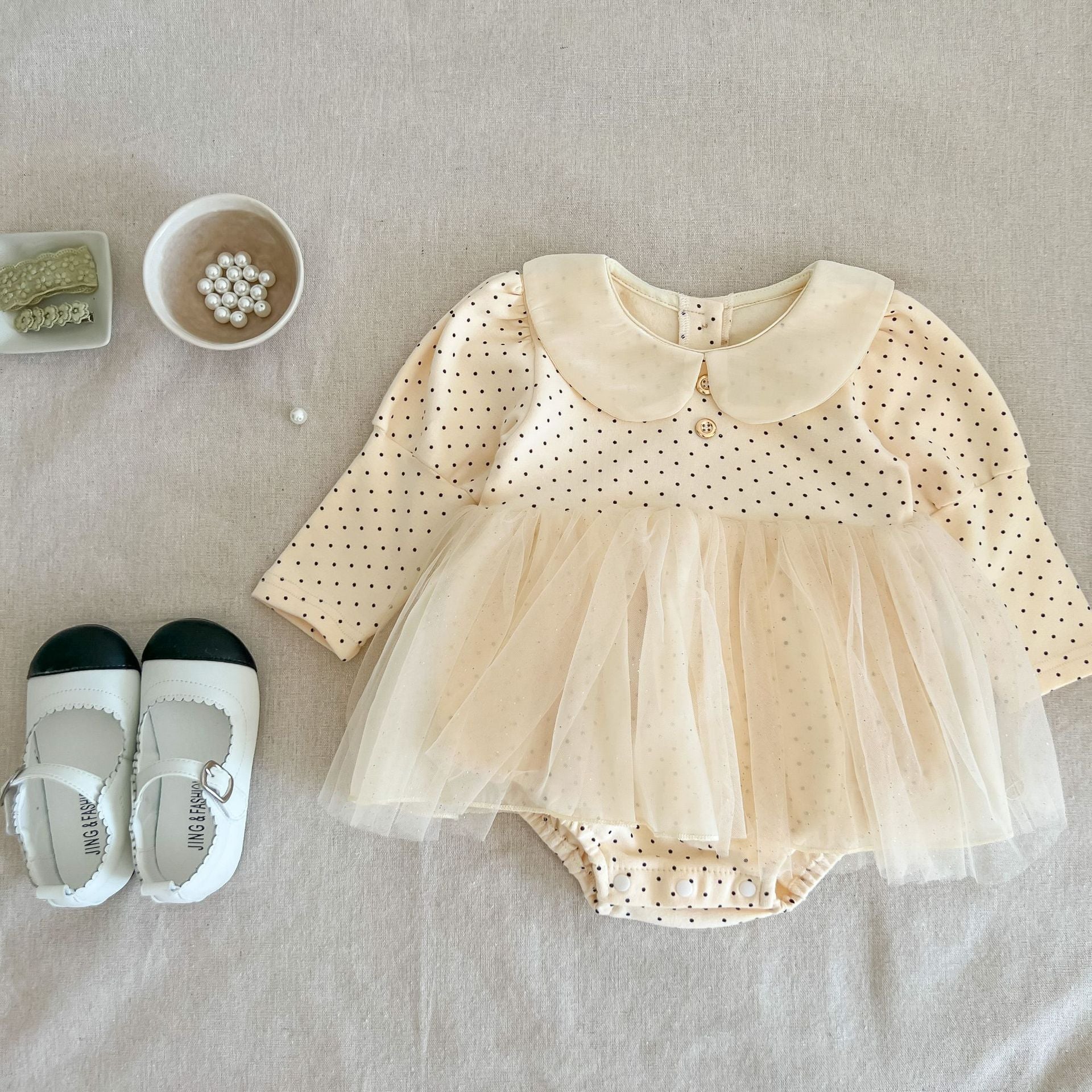 Baby Girl Polka Dot Pattern Mesh Overlay Design Long Sleeve Dress My Kids-USA
