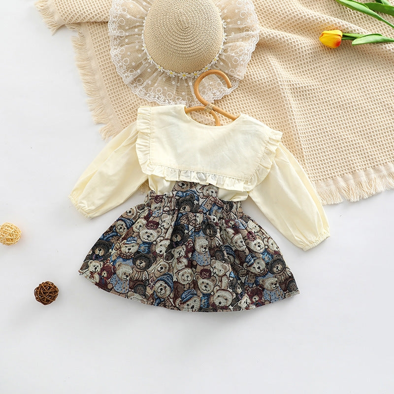 Baby Girl Solid Color Lapel Shirt & Animal Pattern Sling Dress Sets My Kids-USA