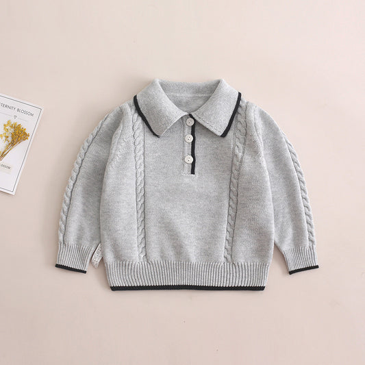 Baby Boy Solid Color Quarter Button Design Polo Neck College Style Pullover Sweater My Kids-USA