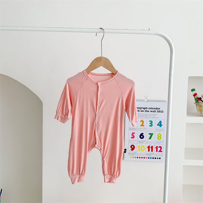 Baby Solid Color Soft Cotton Thin Style Comfy Short Sleeve Rompers