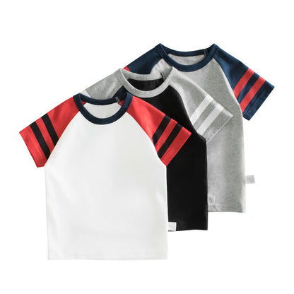 Boy Color Contrast Strips Pattern Round Collar Short-Sleeved T-Shirt