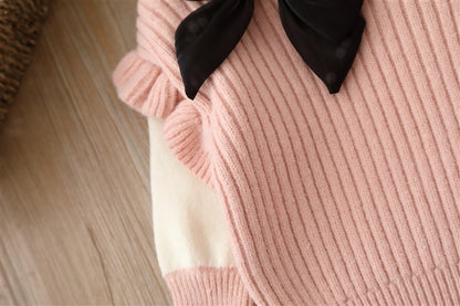 Suéter con parches de lazo de color liso para bebé con conjuntos de pantalones 