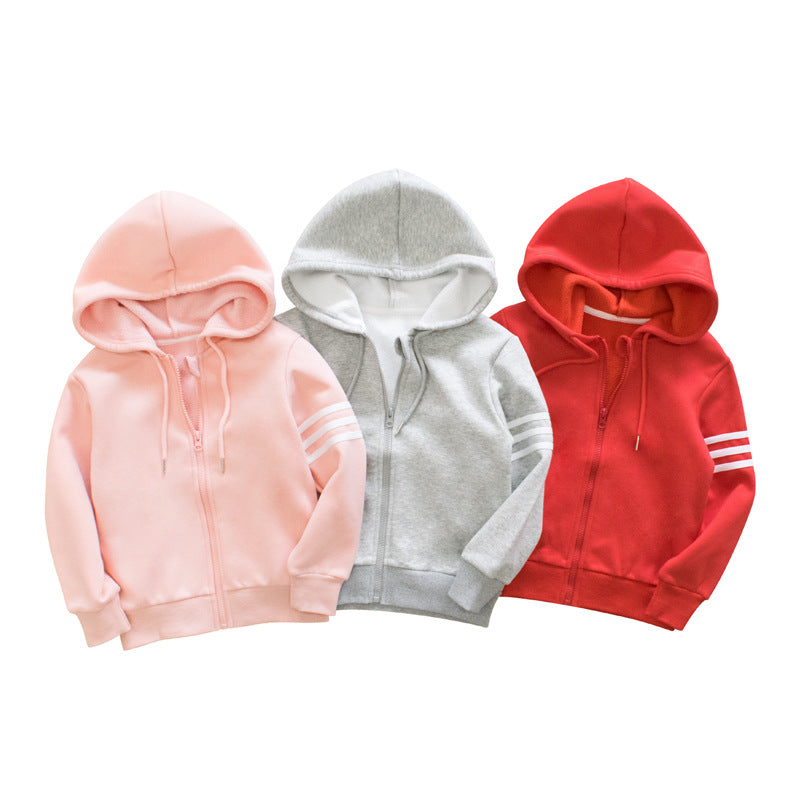 Baby Girl Solid Color Side Striped Design Fleece Zipper Coat My Kids-USA