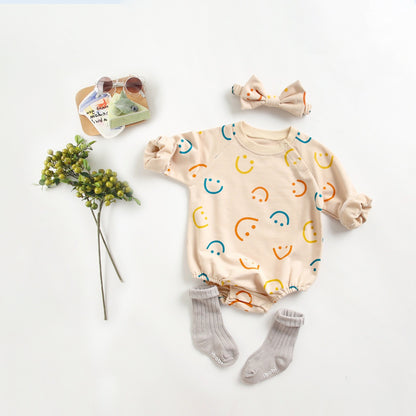 Baby Girl Smiley Print Pattern Long-Sleeve Design Round Collar Onesies My Kids-USA