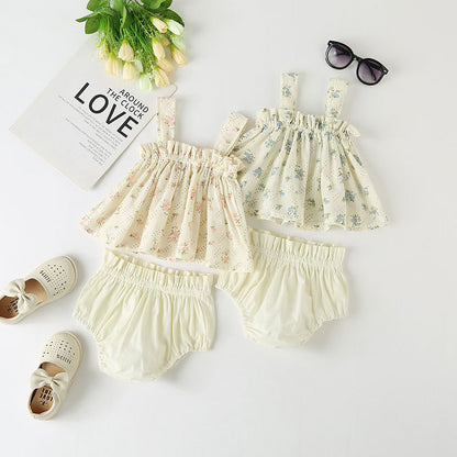 Baby Girl Floral Print Pattern Sleeveless Tops Combo Shorts Sets In Summer My Kids-USA