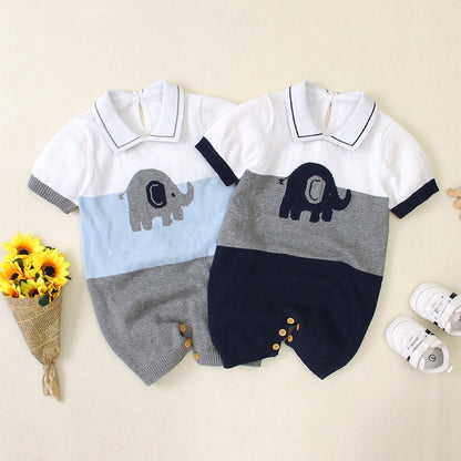 Baby Boy 1pcs Elephant Embroidered Graphic Contrast Design Crotch Romper My Kids-USA