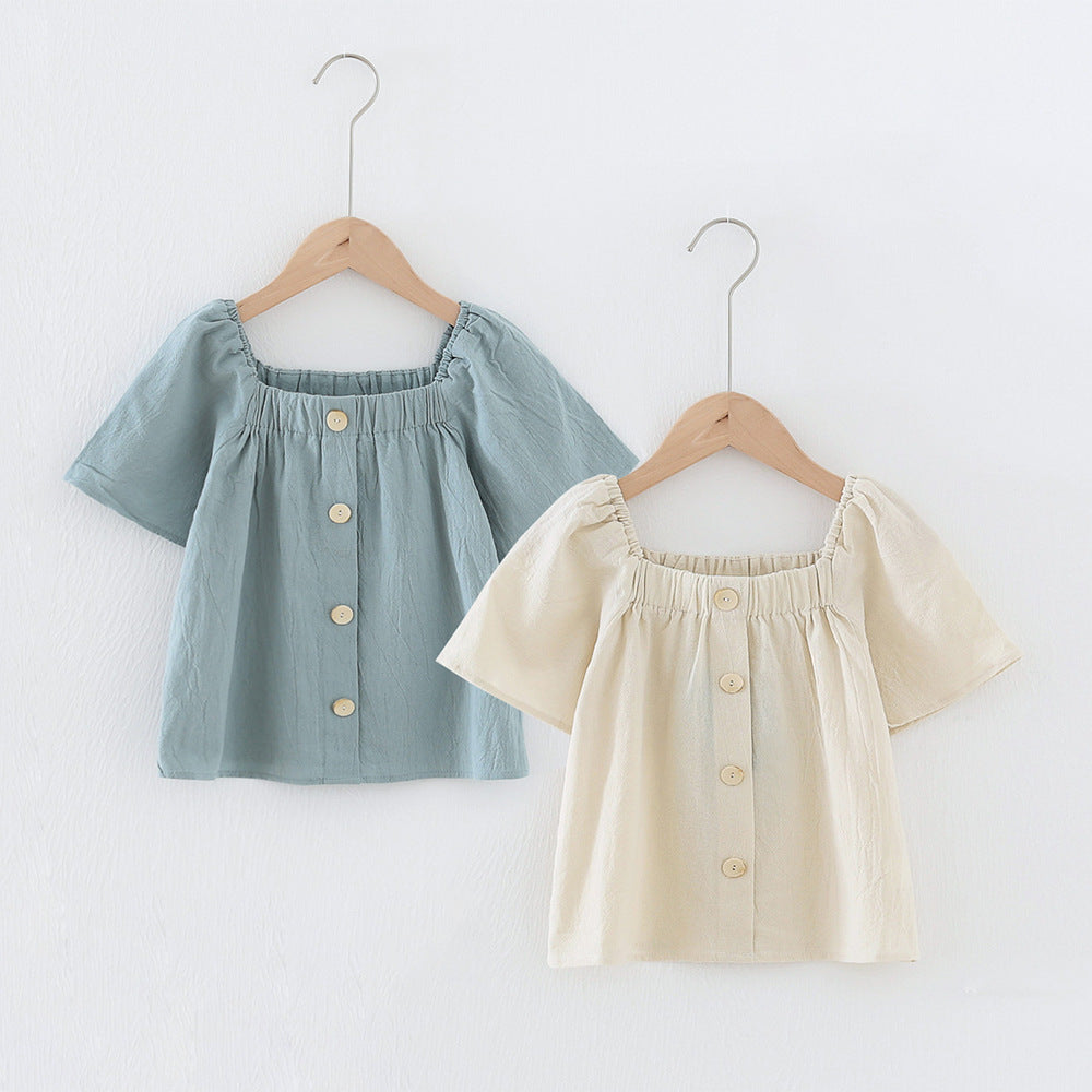 Solid Color Single Breasted Design Square Collar Tops In Summer My Kids-USA