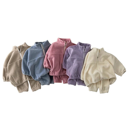 Baby Solid Color Double Sided Fleece Stand Collar Sweater Sets My Kids-USA