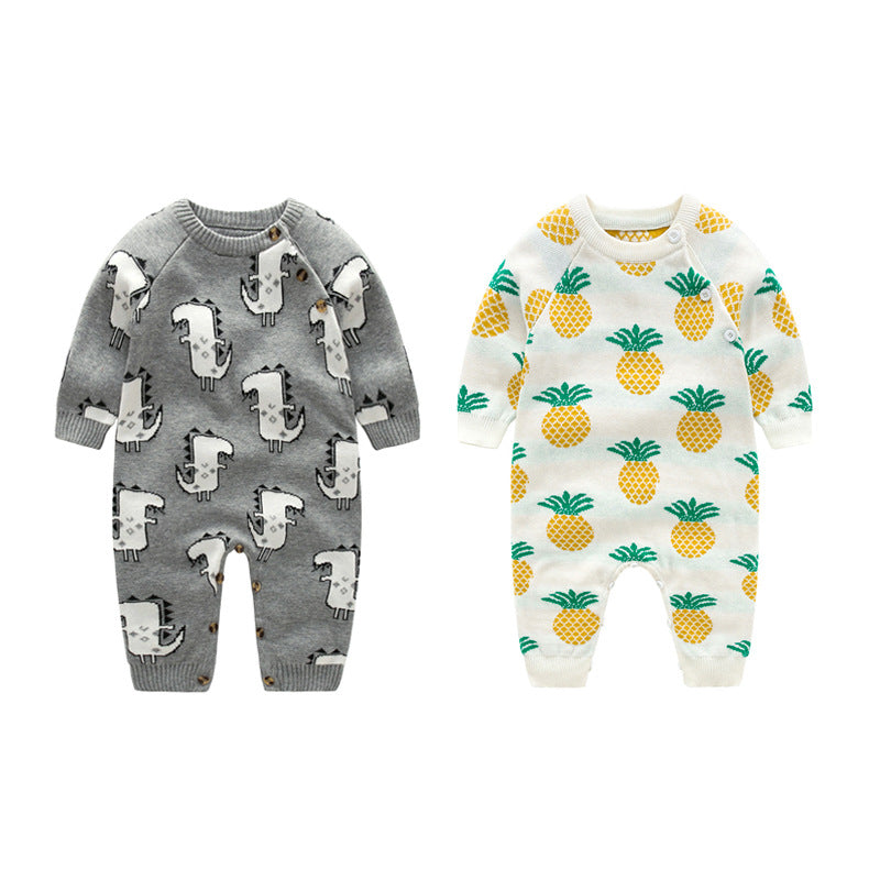Baby Dinosaur & Pineapple Pattern Shoulder Button Design Knitting Romper Jumpsuit My Kids-USA