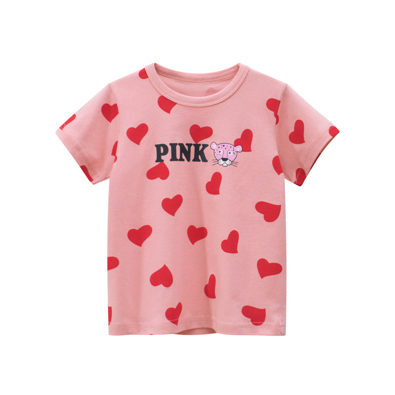 Baby Girls Heart Print Round Collar Short-Sleeved Tee Shirts