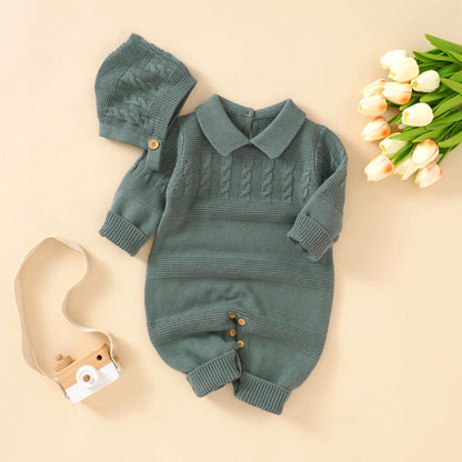 Baby Solid Color Crochet Knit Design Lapel Knit Jumpsuit, MyKids-USA®, Baby & Toddler Outfits, MyKids-USA - Size/Age - 59 (0-3M) - Color - Green -  -  - JM2210051804-B