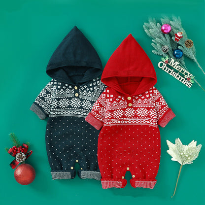 Baby Boy And Girl Christmas Print Pattern Knit Hooded Jumpsuits My Kids-USA