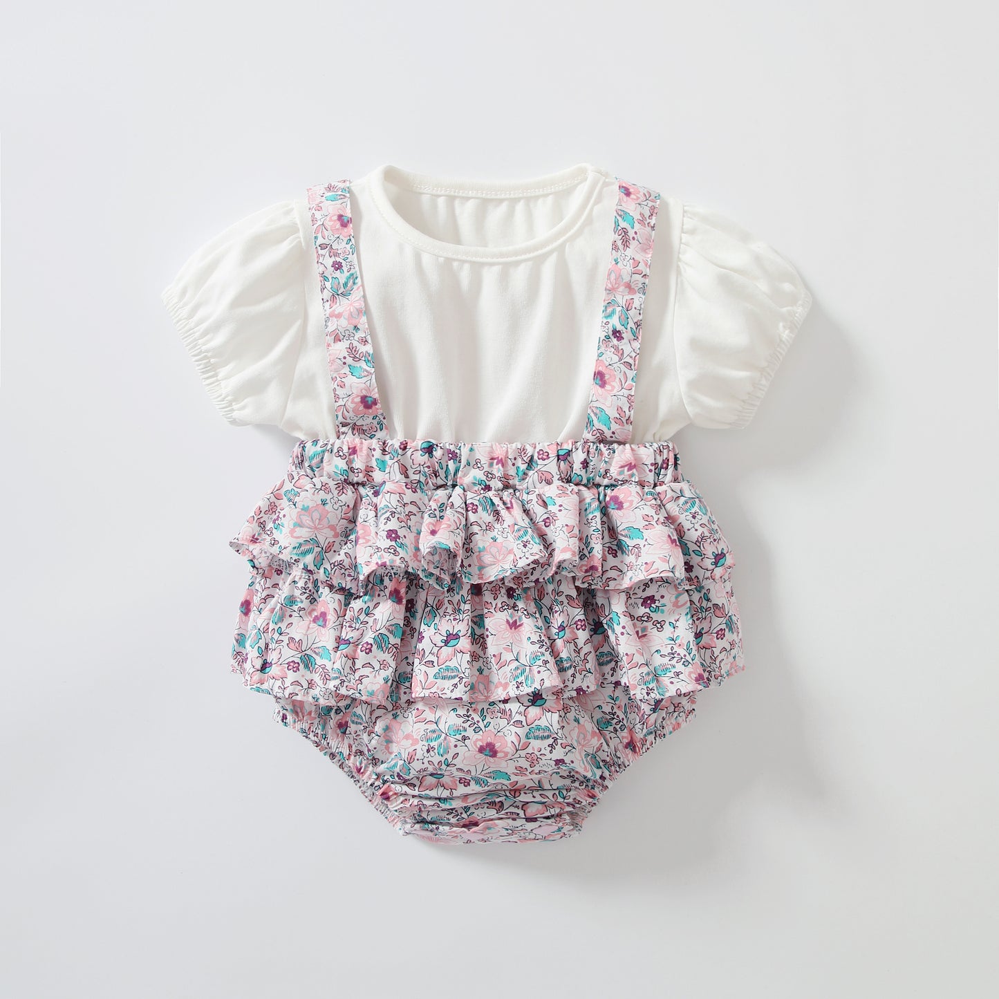Baby Girls Solid Combo Floral Print Overalls Onesies