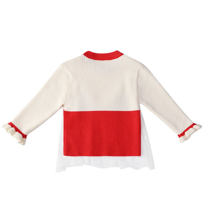Baby Girl Dot Pattern Mesh Overlay Design Puff Sleeves Sweet Knitwear My Kids-USA