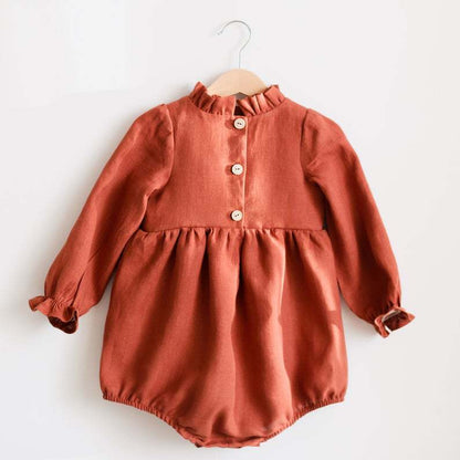 Baby Girl Solid Color Lace Design Long Sleeves Linen Cotton Bodysuit My Kids-USA