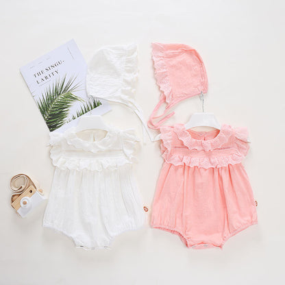 Baby Girl Hollow Pattern Lace Lace Design Sleeveless Lovely Out Solid Color Onesies With Hat My Kids-USA