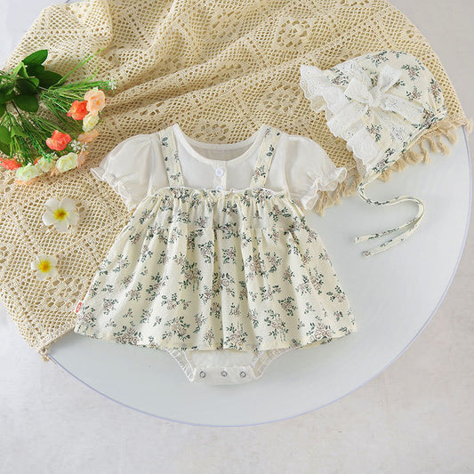 Baby Girl Floral Pattern Round Nek Short Sleeve Onesies Dress